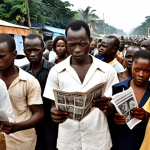 **

Prompt: A crowded street scene in Abidjan, Ivory Coast, during the independence movement. Focus on ordinary people reading newspapers and leaflets filled with passionate appeals for unity and freedom. In the background, subtle colonial authority presence. Capture the hopeful yet tense atmosphere. Style: Realistic, slightly aged photo look.

**