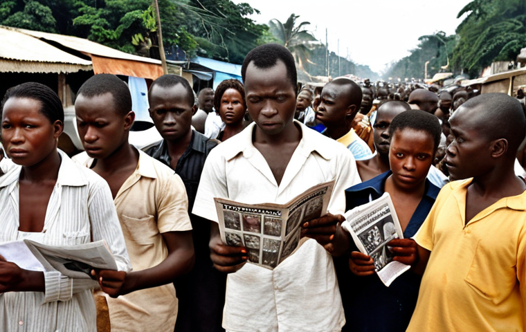 **

Prompt: A crowded street scene in Abidjan, Ivory Coast, during the independence movement. Focus on ordinary people reading newspapers and leaflets filled with passionate appeals for unity and freedom. In the background, subtle colonial authority presence. Capture the hopeful yet tense atmosphere. Style: Realistic, slightly aged photo look.

**