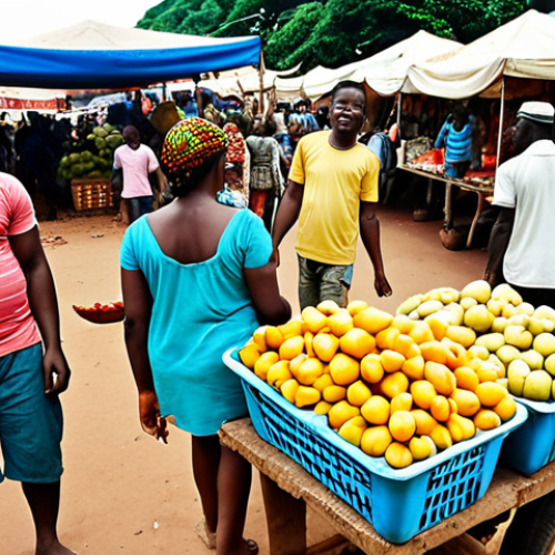 Home 14 **
A bustling market scene in Bouaké, Ivory Coast. Vendors are selling colorful fruits like mangoes and vegetables. Focus on the vibrancy and energy of the local market, with people bargaining and interacting. Show a variety of affordable, locally sourced food items. The overall feeling should be lively and represent the lower cost of living in Bouaké.
**