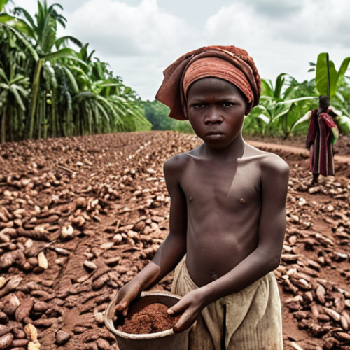 Home 7 Child Labor on a Cocoa Plantation**
A desolate cocoa plantation in Côte d'Ivoire. Raggedly dressed children with weary expressions are harvesting cocoa pods under the hot sun. The scene emphasizes hardship and exploitation. Consider a desaturated color palette to convey the bleakness of the situation.
**