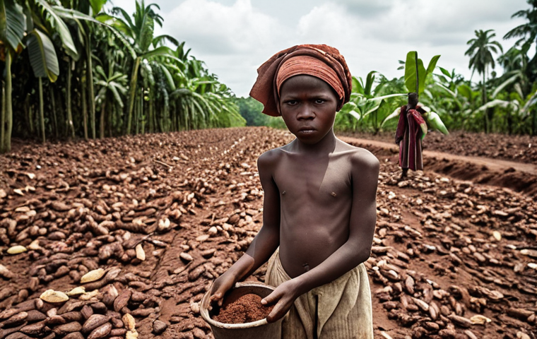 Child Labor on a Cocoa Plantation**

A desolate cocoa plantation in Côte d'Ivoire. Raggedly dressed children with weary expressions are harvesting cocoa pods under the hot sun. The scene emphasizes hardship and exploitation. Consider a desaturated color palette to convey the bleakness of the situation.

**